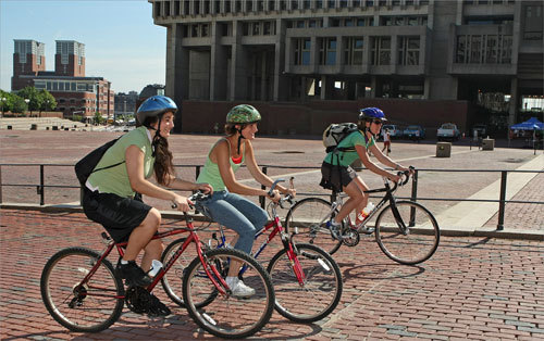 Sisters (from left) Georgia and Evangelia Koskopoulos and Mariah Titlow of Somerville had a long ride ahead of them. They biked in to City Hall Plaza to join in the event but they then had to head over to Cambridge to work after participating. 10 tips for cycling commuters