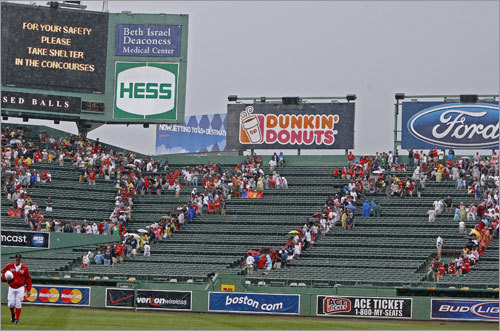 Red Sox reliever Mike Timlin -- as well as hundreds of Bleacher creatures -- heads for cover as rain moves in, delaying the game.
