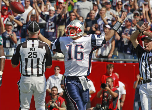 Patriots quarterback Matt Cassel reacts after his touchdown run was called back by the referee as he was in the grasp of a Dolphins defender.