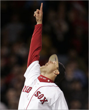 Papelbon points to the sky at Victor Martinez's pop-up, which would be the final out of the game.