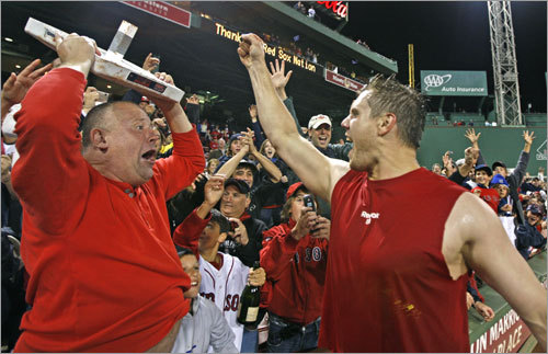 The Red Sox defeated the Indians Tuesday night at Fenway Park to clinch a postseason berth. Jonathan Papelbon's on-field celebration after the game included giving away the bases to fans who stuck around for the party.