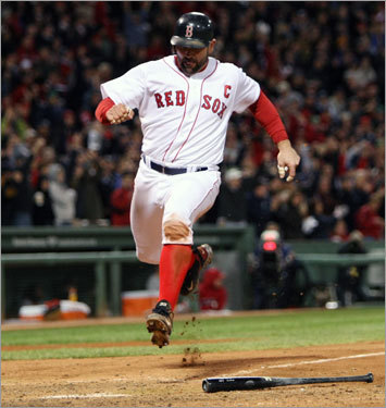 Red Sox catcher Jason Varitek crossed home plate with Boston's second run of the fifth inning.