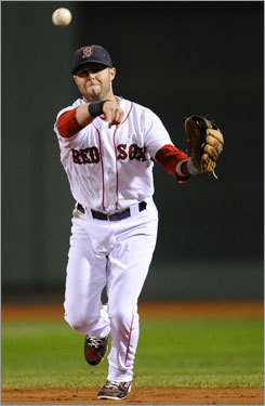 Red Sox second baseman Dustin Pedroia fired to first to retire Mark Teixeira in the first inning.