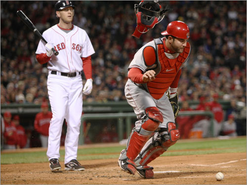 Jason Bay (left) looked on as Angels catcher Mike Napoli corralled a ball in the dirt in the second inning.