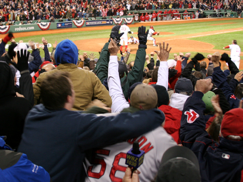 Fenway Park erupts as Jason Bay slides home headfirst to score the winning run in Game 4.