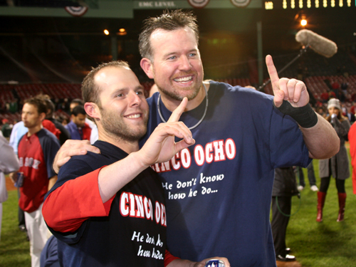 Dustin Pedroia (left) and Casey let everyone know who's No. 1, wearing 'Cinco Ocho' shirts in honor of teammate Jonathan Papelbon.