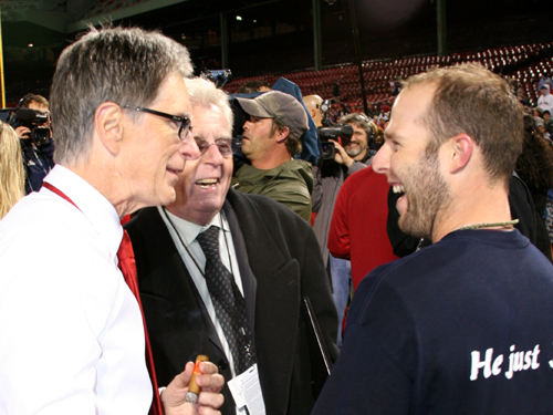 Henry (left), ESPN baseball analyst Peter Gammons, and Pedroia share a laugh after the Sox win in Game 4.