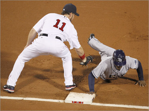 Red Sox first baseman Mark Kotsay (11) applied the tag to B.J. Upton (right) at first base. Upton was safe on the play.