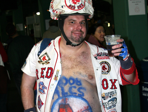 Mike Schuster of Foxborough was dressed for a victory celebration but ended up disappointed with the Red Sox effort in Game 4.