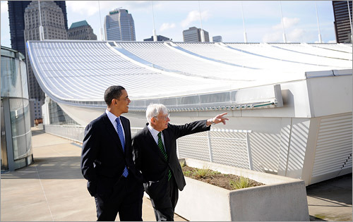 For Obama Pittsburgh Steelers owner Dan Rooney gave Obama a tour of the David L Lawrence Convention Center after endorsing the Illinois senator.