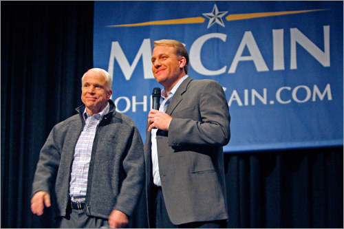 For McCain Red Sox World Series hero Curt Schilling campaigned with John McCain at The Derryfield School in New Hampshire in 2007. Schilling, who used to pitch in McCain's home state of Arizona, wrote an impassioned endorsement of the senator on his blog, 38pitches.com