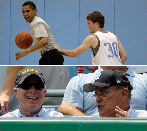 Presidential candidates John McCain and Barack Obama each hope to hit a home run in November, and both have received help from the sporting world. Scroll through this gallery to see which sports figures are suiting up for a candidate in the 2008 race. At top left, Obama, an avid basketball fan, shot hoops at the University of North Carolina. At bottom, McCain attended a Yankees game with Rudy Giuliani.