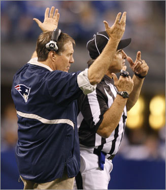 Patriots coach Bill Belichick threw his hands up as he hoped for a too-many-men-on-the-field penalty on the Colts. He called for a review of the play, but the refs did not reverse their decision not to call a penalty.