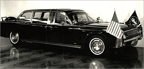 Perhaps the most infamous presidential limo is this 1961 Lincoln X-100 Continental, in which John Kennedy was shot and killed. After his assassination, the $200,000 Lincoln was promptly altered with a fixed roof reinforced with several layers of bullet-resistant polycarbonate glass.