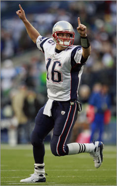 Matt Cassel reacts after completing a go ahead 2-point conversion pass to Wes Welker during the fourth quarter.