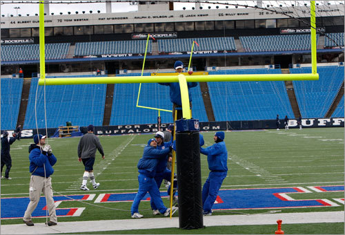 Buffalo stadium personnel straightened the goalposts.
