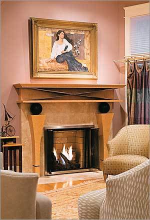 Contemporary Chic Soon after Rhode Island’s Barbara DePasquale hastily chose marble for the fireplace in her Warwick home, she regretted it. “I lived with the ugliness for a good year,” she says. So her son-in-law, architect Paul North of Mansfield, and furniture maker Peter Trumbull Crellin of Pawtucket, Rhode Island, reworked it. Now the fireplace features columns and a mantel constructed of bird’s-eye maple veneer over a composite core, accented by ebonized mahogany balls and a steel embellishment. “It transformed the room,” DePasquale says.