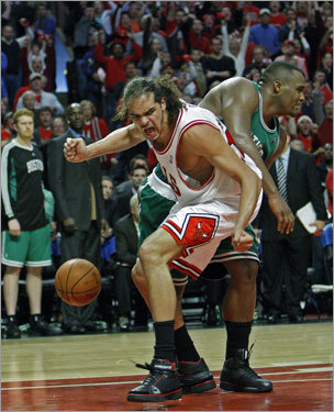 Joakim Noah howled after his dunk over the Celtics Glen Davis with 1:26 left in the second overtime brought the fans out of their seats and put Chicago ahead 116-112.