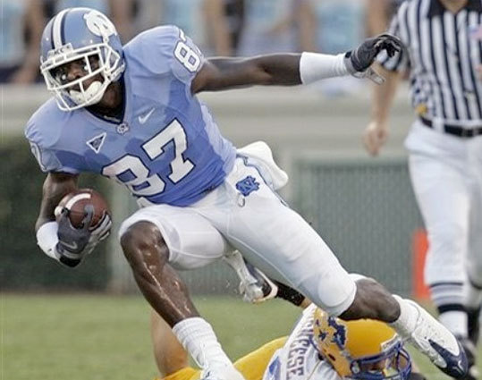 By the numbers: Height Weight 40 Speed Age 6-0 210 4.52 21 Pegged as a potential first- or second-rounder, Tate tumbled to the third round, where he was the 10th receiver selected overall and second of seven taken in the third round. There were questions about his health when his senior year at UNC was truncated after six games by a torn right ACL suffered on a punt return. Then there were concerns about his character when reports surfaced he tested positive for marijuana at the NFL Combine. Asked how he addressed his failed drug test during interviews with NFL teams, Tate deftly sidestepped the question. 'All that's behind me and whatever happened with that, I'm happy and moving forward,' he said. In selecting Tate, the Patriots took a receiver with the versatility to help as a punt and kickoff returner. Last season, he established an NCAA career record for combined kick return yardage (3,523 yards).