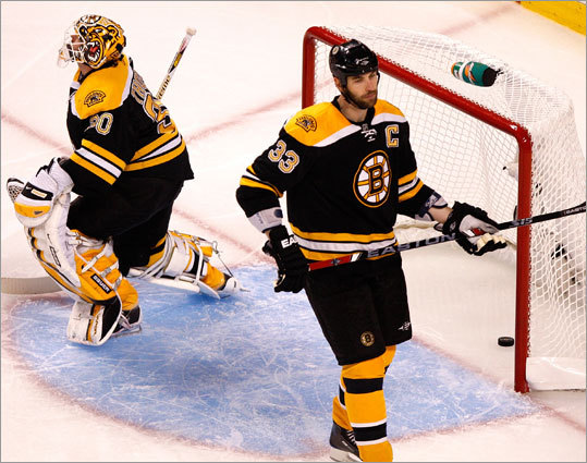 Bruins defenseman Zdeno Chara (33) and goalie Tim Thomas (30) look disappointed after surrendering the first goal of the game.