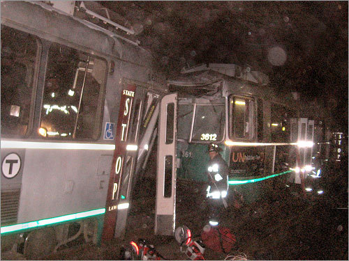 Emergency personnel boarded the trains that collided on the Green Line on Friday night. This photo was taken by T passenger Laszlo Banajoph. Read the article.