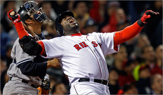 David Ortiz howls after getting under a pitch in the fourth inning.