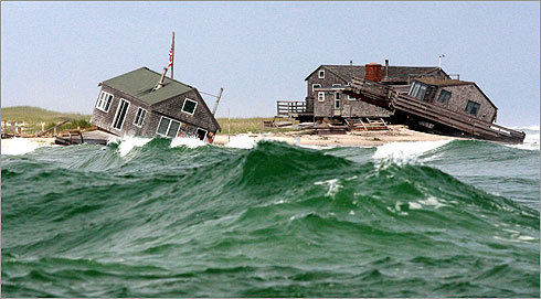 The end rolled into view for First Village, in the form of moody waters propelled by an unusually high tide. As the ocean licked at the cluster of cottages, owners watched the enclave collapse into the sea. Read the article by the Boston Globe's Brian MacQuarrie