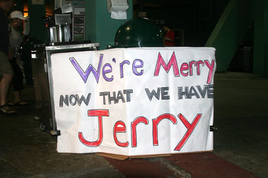At the end of the night, about the only thing left standing at Fenway was this sign welcoming back broadcaster Jerry Remy.