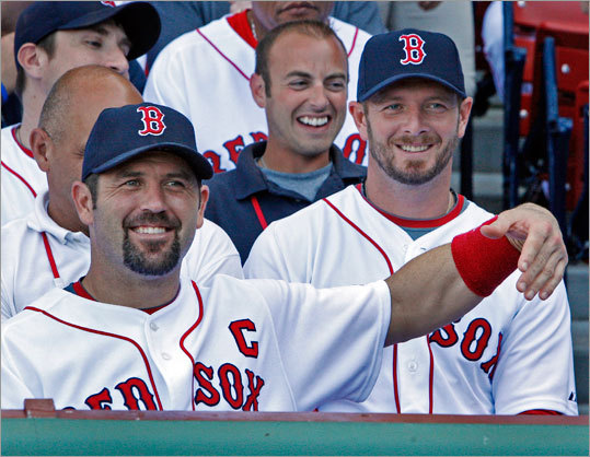 Catcher Jason Varitek had a little fun during Thursday's annual Red Sox team photograph.