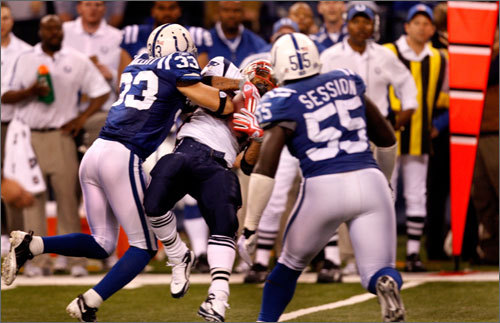 Kevin Faulk hauled in his second catch of the night, but it was a yard or two too short. The catch on fourth down resulted in a turnover that gave the Colts the ball on the Patriots 29 yards line with two minutes left in the game.
