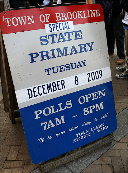 A sign announcing today's 'special state primary' outside Brookline Town Hall this morning.