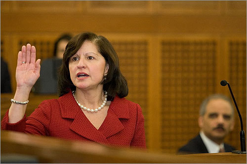 Carmen Milagros Ortiz is sworn in as U.S. Attorney for the District of Massachusetts.
