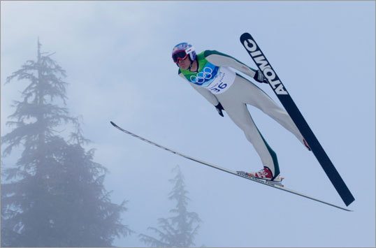 Bill Demong made his trial jump during the Nordic Combined Individual normal hill ski jumping event.