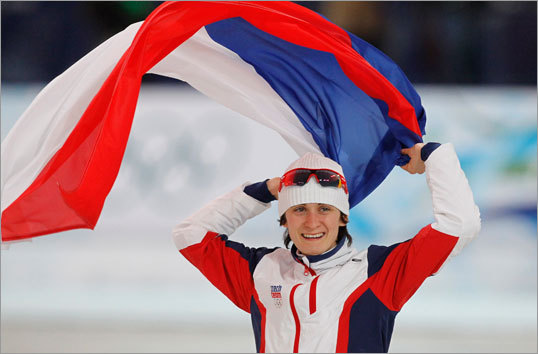 Gold medalist Martina Sablikova of the Czech Republic reacted after winning the women's 3,000 meter speed skating race at the Richmond Olympic Oval.