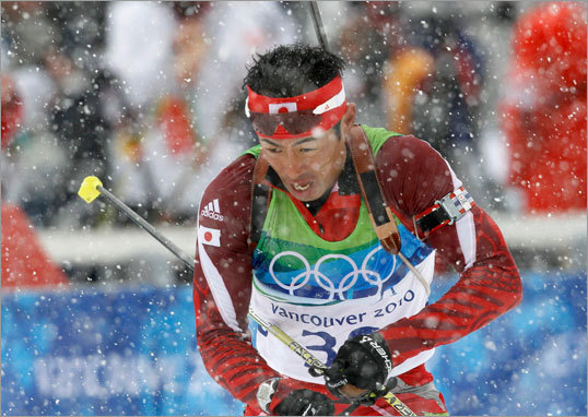 Japan's Isa Hidenori left the firing range during the men's 10 km sprint biathlon final.
