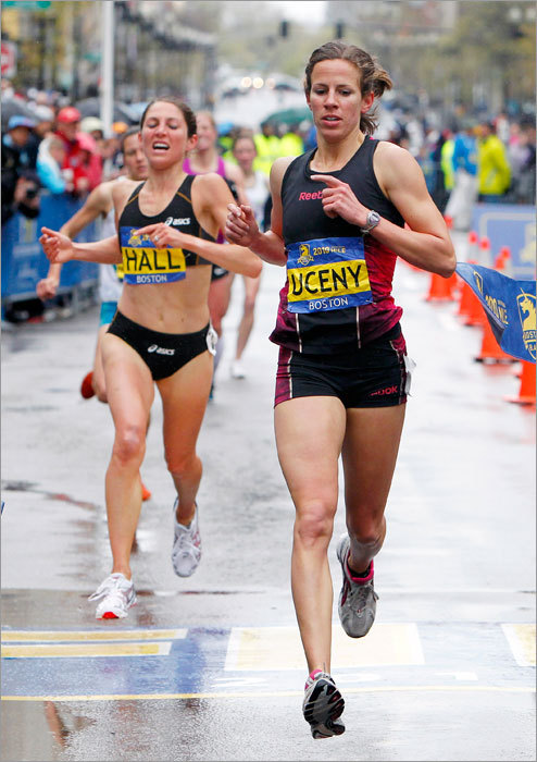 Morgan Uceny won the Boston Athletic Association women's invitational mile race ahead of Sarah Hall. The race was a prelude to Monday's 114th running of the Boston Marathon.
