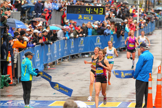 Morgan Uceny, of Falmouth, won the women's elite 1-mile race. Middle school aged boys and girls competed in a 1,000 meter race followed by a series of four one-mile races for professional men, professional women, high school boys, and high school girls on Sunday morning, the day before the Boston Marathon.