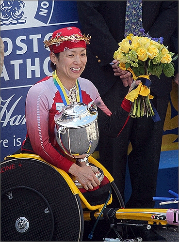 Wakako Tsuchida of Japan won the women's wheelchair division. This the fourth Boston title for Tsuchida, 35. Her time, 1 hour 43 minutes 32 seconds, was a personal best.