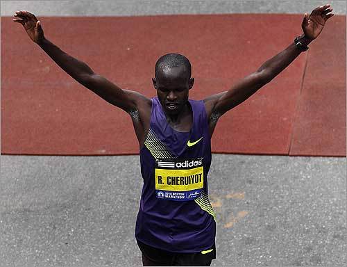 Robert Cheruiyot celebrates after winning the 114th Boston Marathon. A year after finishing fifth in Boston, he set a new course record of 2 hours 5 minutes 52 seconds.