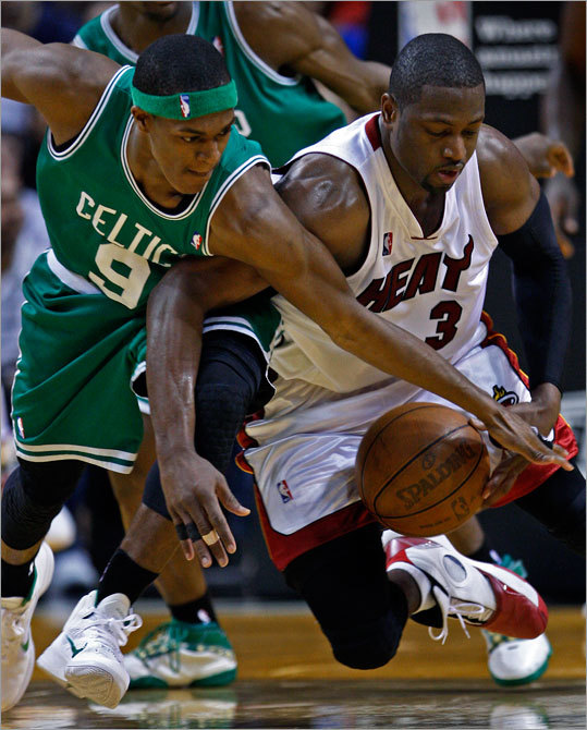 The Celtics Rajon Rondo stole the ball from Miami's Dwyane Wade in the second quarter. This was the steal that led to Rondo being slammed on a breakaway to the hoop.