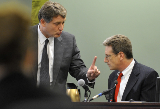 Prosecutor Daniel Bennett (left) cross-examined psychiatrist Montgomery Brower in Middlesex Superior Court.