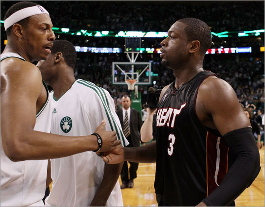 Celtics captain Paul Pierce (left) and Heat star Dwayne Wade shook hands after the Celtics eliminated the Heat from the NBA playoffs.