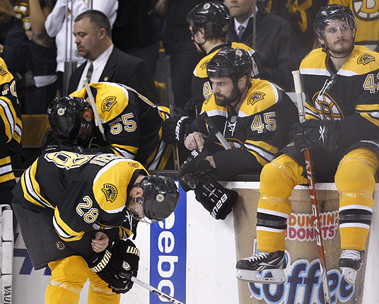 Mark Recchi (28), Johnny Boychuck (55), Mark Stuart (45) and Trent Whitfield (42) reacted to their 4-3 defeat.