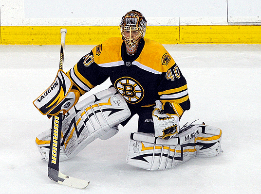 Bruins goalie Tuukka Rask, in a more calm pregame moment: He also was hit by a practice shot, but was fine.