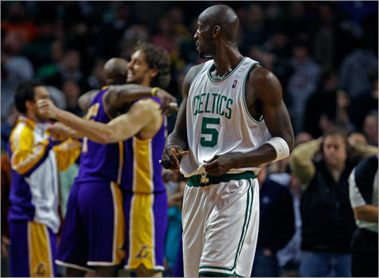 The Celtics and Lakers met twice during the regular season and split the games, each winning on the other's court. Ray Allen missed a shot at the buzzer in a 90-89 loss Jan. 31 at TD Garden (photo at right), while Rajon Rondo hit the game-winner in a 87-86 victory at Los Angeles in a game Lakers star Kobe Bryant missed because of an ankle injury. Now they are set to play as many as seven more times, this time for the NBA championship. Review the gallery of positional matchups, and vote for the team you think has the edge at each position. (Matchup text by Brian Mahoney, Associated Press)