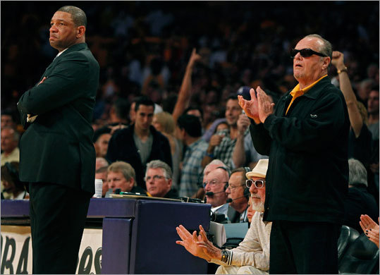 Celtics coach Doc Rivers watched his team lose Game 1 of the NBA Finals, a result that pleased Lakers superfan Jack Nicholson.