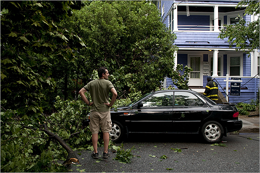 Carlos Cabrera looked at his wife's car which had its windshield smashed and body damaged when a tree fell on Montgomery Street during Sunday's violent thunderstorm.