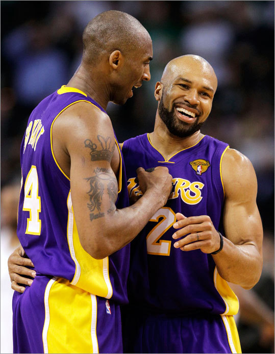 Guard Derek Fisher (right) was the sparkplug for the Lakers in the fourth quarter, scoring 11 of his 16 points in the quarter to keep the Lakers ahead in their 91-84 victory.