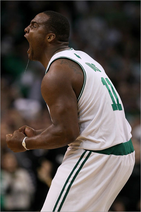 Celtics forward Glen Davis was particularly fired up after one play in the fourth quarter. Davis was the player of the game with 18 points, most of which came during the Celtics' 36-27 run in the fourth. ABC sideline reporter Doris Burke spoke with Davis immediately after the game. “Just will, determination,” Davis said regarding the Celtics strong rebounding performance. “You know they’re long, you just gotta go out there and put a body on somebody and make sure they don’t touch the ball. I’m proud of our guys today. We played great, man. I just want to give all thanks to God.”