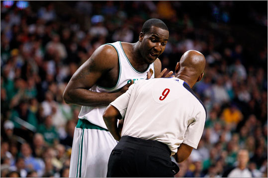Celtics center Kendrick Perkins pleaded with referee Derrick Stafford in the fourth quarter.